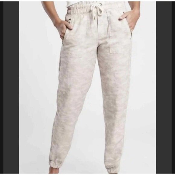 Athleta Cabo Tide Linen Jogger Pants Sz 6 Camo Crop Ankle Pull On Pockets - Picture 2 of 15